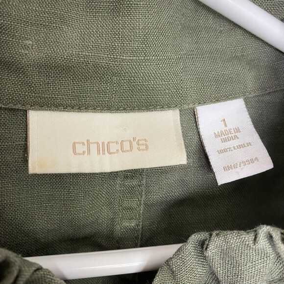 Chicos Linen Jacket Womens 1 Medium Olive Green 3/4 Sleeve Pockets Military - Picture 3 of 7